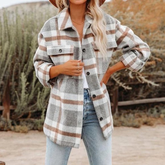 MODA ME COUTURE Jackets & Blazers - Casual Plaid Print Button front Shacket Jacket